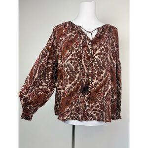 VICI Brown Dark Floral Boho Peasant Blouse Bishop Sleeve Tie Button Front Size L